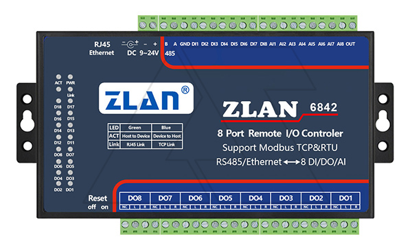 Станция удаленного ввода/вывода ZLAN6842, 8DI, 8RO, 8AI (4..20MA), Ethernet (Modbus TCP), 24VDC