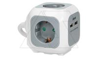 Удлинитель куб, 2хUSB 5V 2,1A + 4x2P+E, со шторками, нем. стандарт, с возможностью накладного монтажа, кабель 1,4м, серый-белый