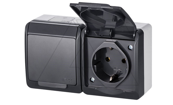 HERMES - Розетка 2x2P+E, 16A/250V, с крышкой, IP44, антрацит