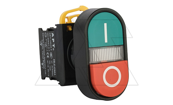 Кнопка двойная PB3E, красный/зеленый, выступ./плоская, 1NO+1NC, 6A 230VAC/24VDC, с подсветкой без LED, 22mm, IP65