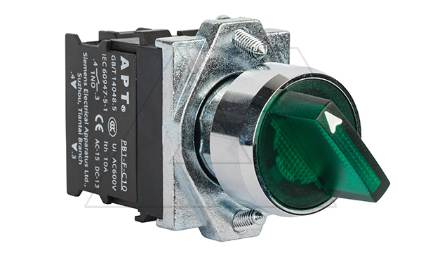 Переключатель PB1S, зеленый, 0-I, фиксация, 1NO, 6A 230VAC/24VDC, с подсветкой 24VAC/DC, 22mm, IP65