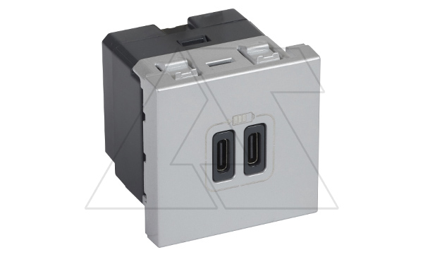 Mosaic - Розетка 2xUSB type С, 2М, 15V, 3000мA, винт. зажимы, алюминий