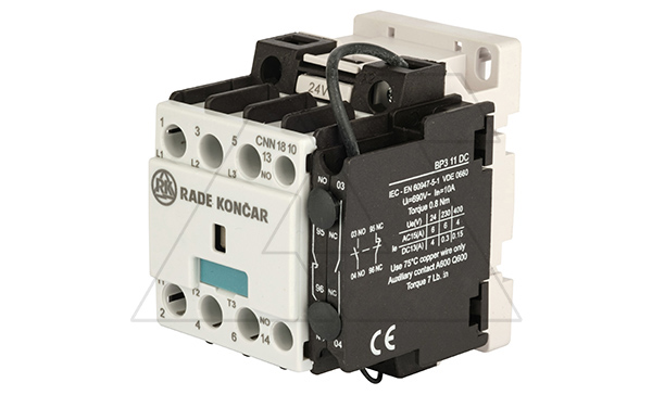 Контактор CNN 18 10, 24VDC, 3P, 18A/(30A по AC-1), 7.5kW(400VAC), 1NO, Uk=24VDC, Iвтяг=5,1А, Iуд=0,12А