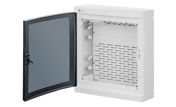 Щит навесной ELEGANT мультимед, патч-панель, 1xSCHUKO, 1xМП, дымчатая пласт. дверь, белый RAL9003, 310x350x104mm, IP40