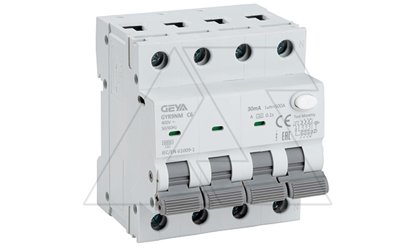 Дифф. авт. выключатель GYR9NM-C6-30mA, 3P+N, 6A, хар-ка C, 6 kA, 30mA, тип A, 4M
