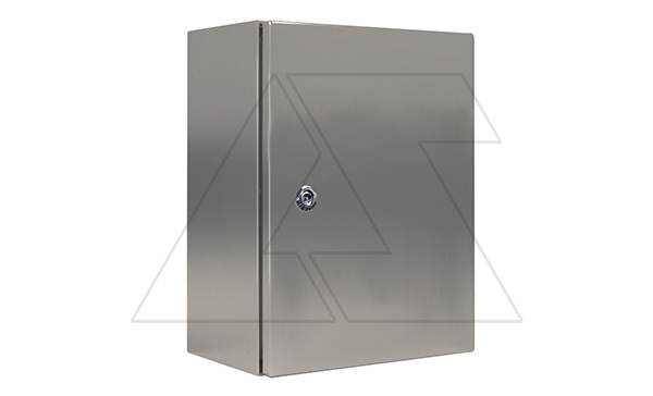 Щит ECOR моноблочный 500x500x300мм (ВxШxГ) из нерж. стали навесной с монт. панелью однодверный, 1 язычковый замок, дно глухое, IP66