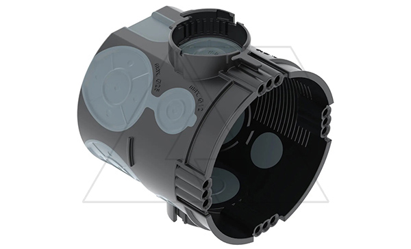 Подрозетник UP 66 одиночный, 650°С, Ø64мм, h=66мм, для спл. стен, без винтов, c воздухонепрониц. мембр. вводами, черный, полипропилен