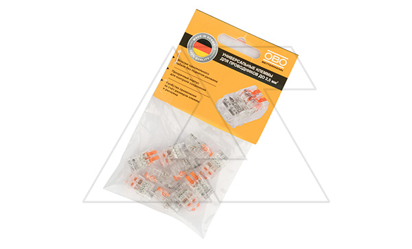 Клемма 61 225 FL универсальная, 2 контакта 0,2...2.5мм², 24А, 450V, (уп. 10шт), поликарбонат