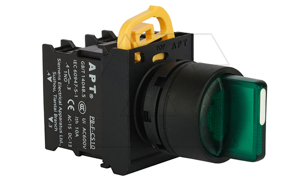 Переключатель PB3E, зеленый, I->0<-II, возврат, 2NO, 6A 230VAC/24VDC, с подсветкой без LED, 22mm, IP65