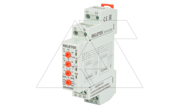Реле контроля напряжения RS-MV35M, 3P/3P+N, 2CO, 266_540VAC(L-L)/ 154_312VAC(L-N), Umin и Umax, 0,1-10s, обрыв, 1M