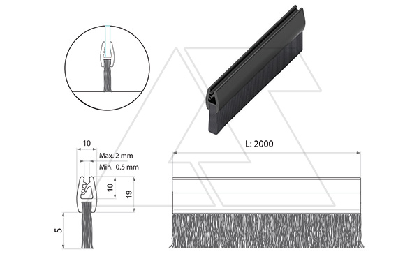 Щетка на кромку L=2000мм с пластиковым основанием, ворс 50мм