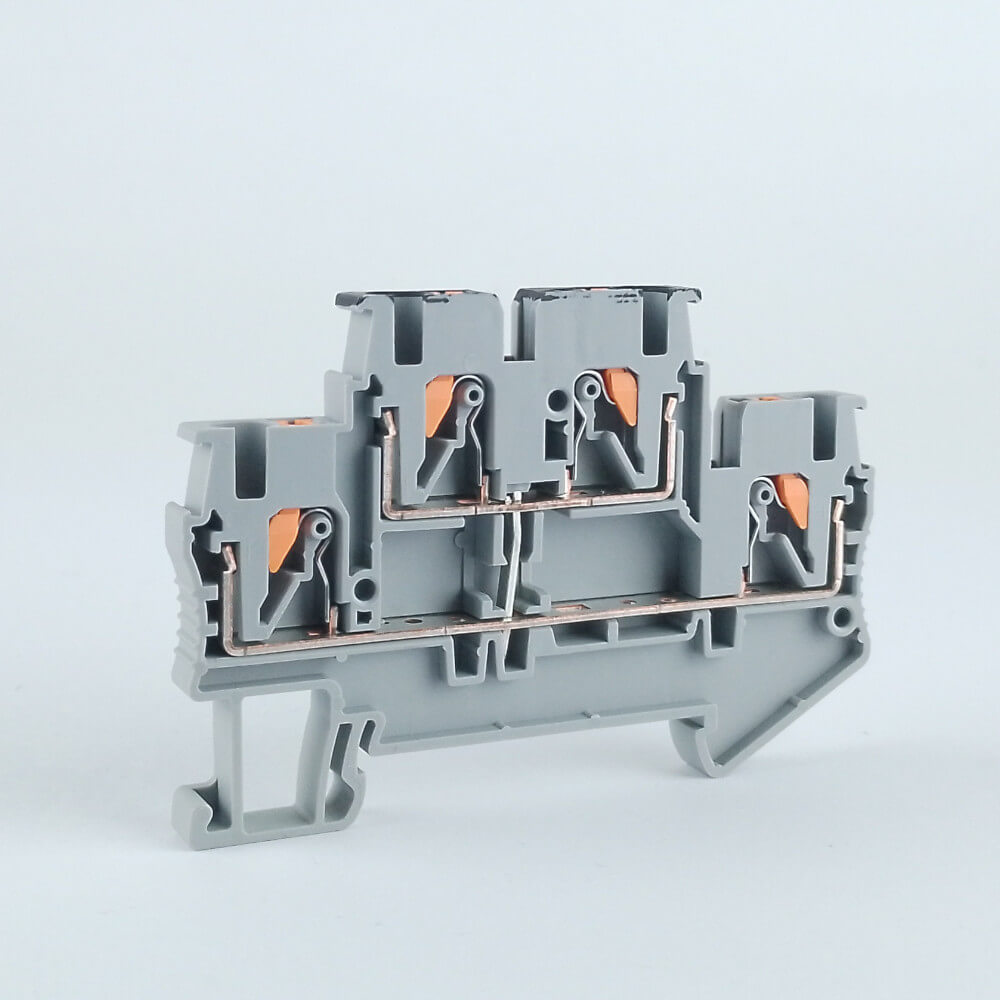 FJT-202-2,5G/2x2 Клемма серая проходная с мостом двухъярусная, пружинные зажимы, 24A