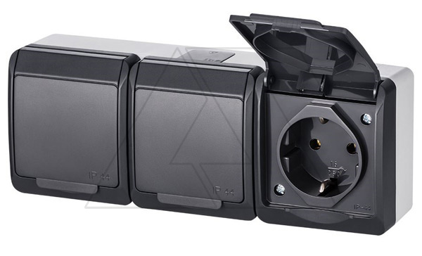 HERMES - Розетка 3x2P+E, 16A/250V, с крышкой, IP44, антрацит