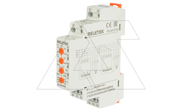 Реле контроля напряжения RS-MV37M, 3P/3P+N, 2CO, 266_540VAC(L-L)/ 154_312VAC(L-N), Umin и Umax, 2s, обрыв, чередование, асимметрия (5_20%), 1M