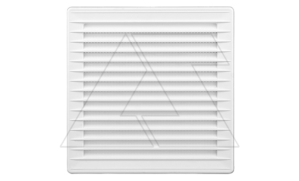 Решетка вентиляционная с косыми ламелями, с сеткой, квадратная, 172х172мм, с выводом 140x140мм, пластик, белый