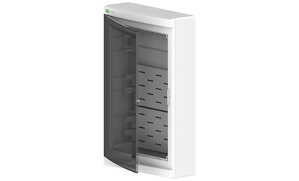 Щит навесной ELEGANT мультимед, патч-панель, 1xSCHUKO, 2xМП, дымчатая пласт. дверь, белый RAL9003, 310x475x104 mm, IP40