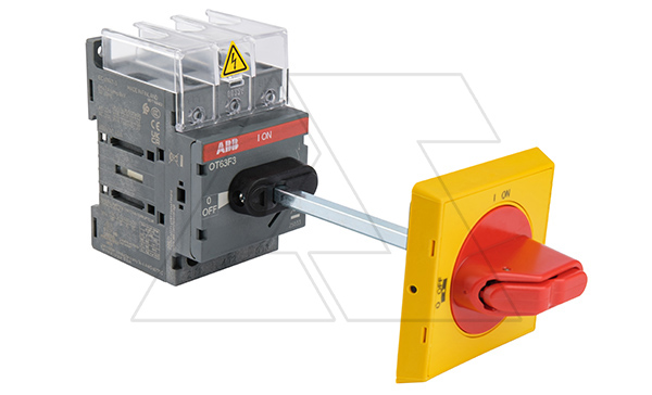 Выкл. нагрузки OT63F3HY5X6ST2, 63A 3P с желто-красной выносной блок. рукояткой на 3 замка OHYS2AJ IP65 и осью OXS6X120