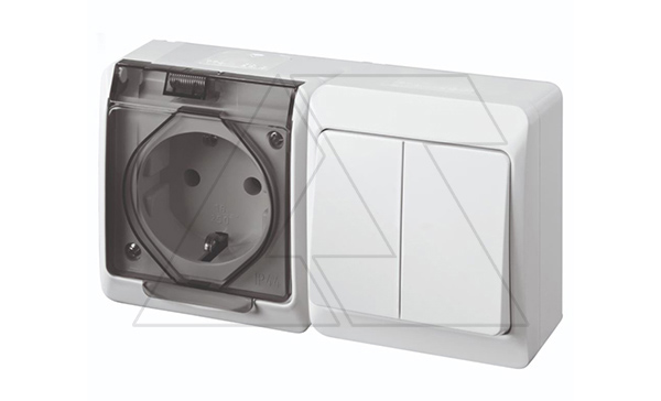 HERMES - Выключатель двухклавишный 10A/250V + Розетка 2P+E, 16A/250V, с прозрачной крышкой, IP44, белый