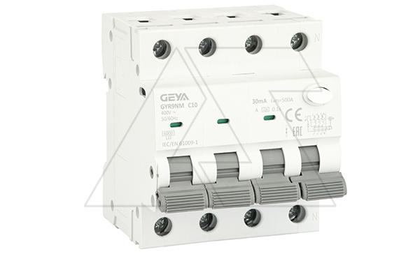 Дифф. авт. выключатель GYR9NM-C10-30mA, 3P+N, 10A, хар-ка C, 6 kA, 30mA, тип A, 4M