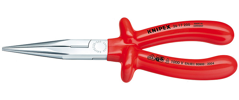 Длинногубцы с режущими кромками VDE 1000V, полукруглые прямые губки, L-200 мм, хром., обливные рукоятки (KNIPEX)