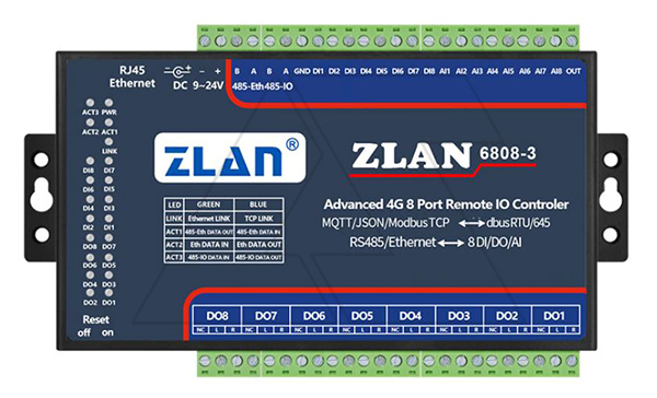 Станция удаленного ввода/вывода ZLAN6808-3, 8DI, 8RO, 8AI( 4..20MA), RS-485 (Modbus RTU), Ethernet (Modbus TCP), 24VDC