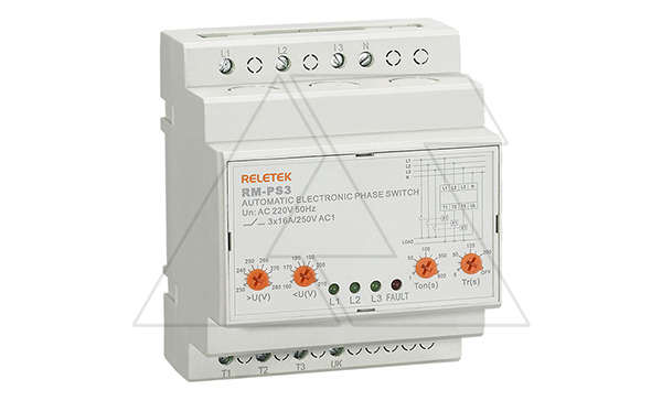 Реле выбора приоритетной фазы RM-PS3, 3NO+N, 16A, 220VAC, Umin(110_210V)/Umax(230_280V), 0.02_0.1s/1_600s, LED, 4,5M