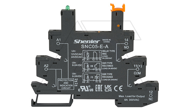 Цоколь SNC05-E-A, 8A(300VAC), черный, (12...24VAC/DC), винтовой зажим, LED, W=6.2mm, на рейку DIN35, для RNC, RM699BV, RSR30, 34.51, 34.81, RSS, HF41F