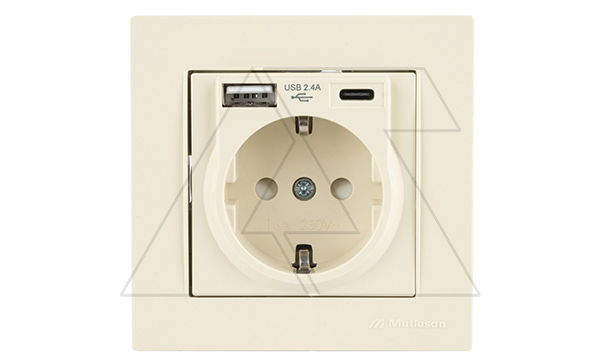 Rita - Розетка 2P+E, USB Type A, USB Type С, 2,4A (однопостовой монтаж в комплекте с рамкой), сл. кость