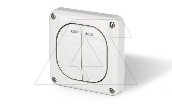 Выключатель встраиваемый двухклавишный, 2P 10A/250V, с подсветкой, M95(95x95mm), IP66, серия PROTECTA