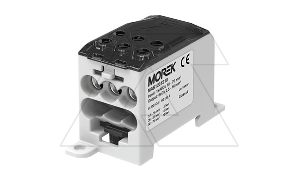 Блок распред. Morek OJL200A черно-серый, 1P, вх. 1x10_70mm² Al/Cu, вых. 6x2,2_16mm² Cu, 200(CU)/160(AL), 1000V, винтовые зажимы (стикерованный)
