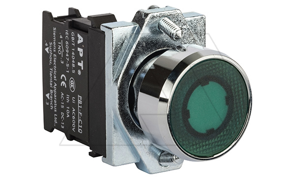 Кнопка плоская PB1S, зеленая, без фиксации, с подсветкой без LED, 1NO, 6A 230VAC/24VDC, 22mm, IP65