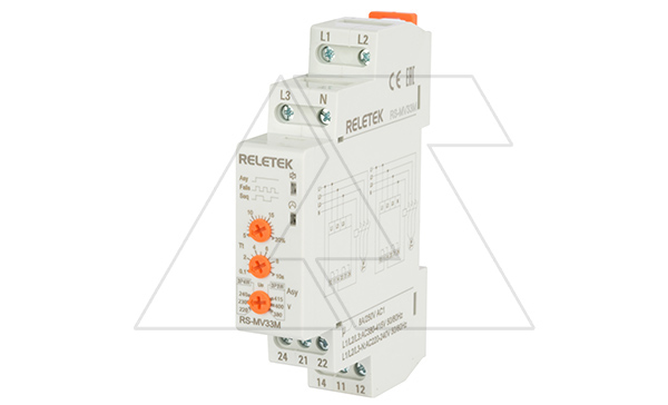 Реле контроля фаз RS-MV33M, 3P/3P+N, 2CO, 266_540VAC(L-L)/ 154_312VAC(L-N), 0,1-10s, обрыв, чередование, асимметрия (5_20%) , 1M