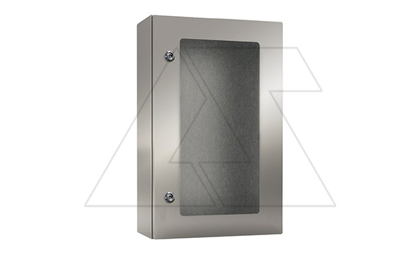 Щит ECOR моноблочный 600x400x200мм (ВxШxГ) из нерж. стали навесной с монт. панелью со стеклянной дверью, 2 язычковых замка, дно глухое, IP66