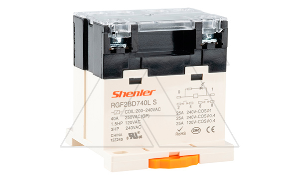 Реле RGF2BD740LS, 2NO, 40A(250VAC/30VDC), 200-240VAC, LED, на рейку DIN35/панель, винтовое подключение