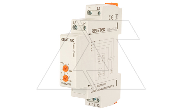 Реле контроля напряжения RS-MV33N/230, 3P+N L-N 230V, 1CO, 8A(250VAC), обрыв, чередование, асимметрия, 0.1_10s, 1M