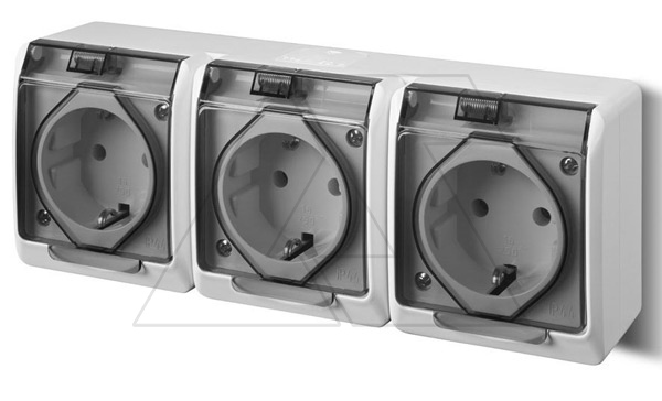 HERMES - Розетка 3x2P+E, 16A/250V, с прозрачной крышкой, IP44, белый