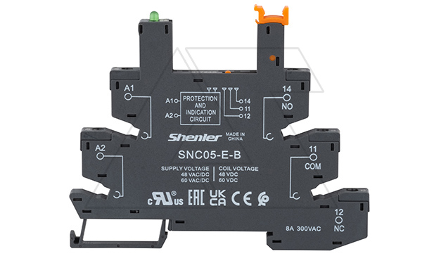 Цоколь SNC05-E-B, 8A(300VAC), черный, (48...60VAC/DC), винтовой зажим, LED, W=6.2mm, на рейку DIN35, для RNC, RM699BV, RSR30, 34.51, 34.81, RSS, HF41F
