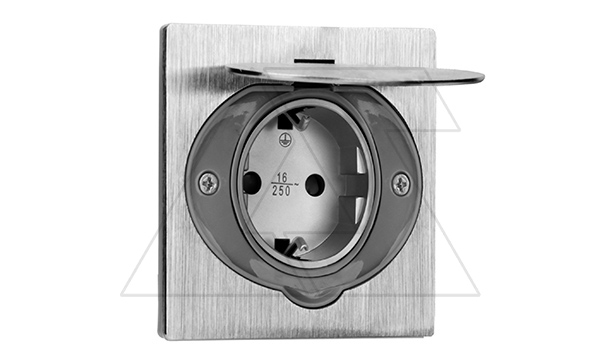 Розетка встраиваемая 2P+E, со шторками, IP44, 3680вт, нержавеющая сталь (стикерованный)