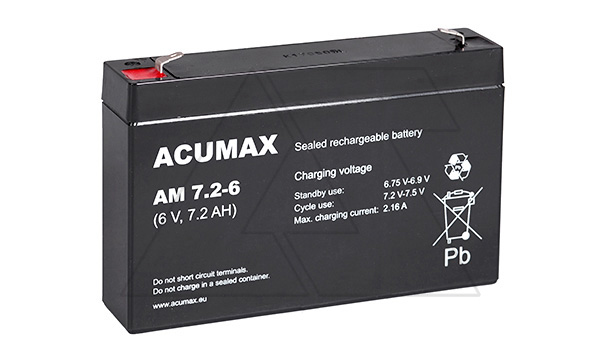 Батарея аккумуляторная Acumax AM7.2-6, T1, 6V/7.2Ah, 94(100)x151x34 HxLxW, 1.1kg, 6-9 лет