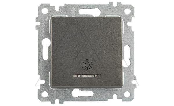 Rita - Выключатель кнопочный с подсветкой, символ - лампа, пруж. зажимы, дымчатый