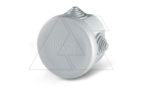 Коробка распред. круглая, d65x40mm, вводы 4x23mm(PG16), IK04, GW 650°C, IP55, серия SCABOX