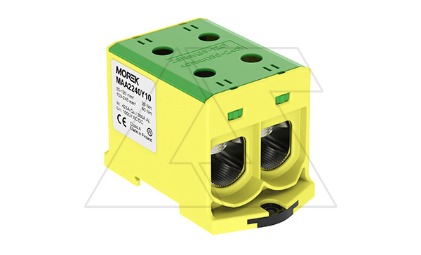 Клемма Morek OTL240-2 желто-зеленая, 2xAl/Cu 35_240mm², 425(CU)/380(AL)A на клемму, 1000V, винтовые зажимы