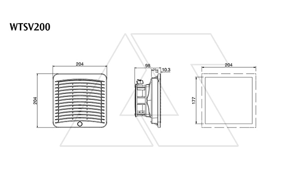 Вентилятор с фильтром 22Вт, 75(108)м3/час, 230VAC, габариты 204x204x98мм, вырез 177x177мм, выбор направления потока, клеммная колодка, IP54, RAL7035