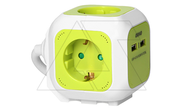 Удлинитель куб, 2хUSB 5V 2,1A + 4x2P+E, со шторками, нем. стандарт, с возможностью накладного монтажа, кабель 1,4м, лимонно-белый (стикерованный)