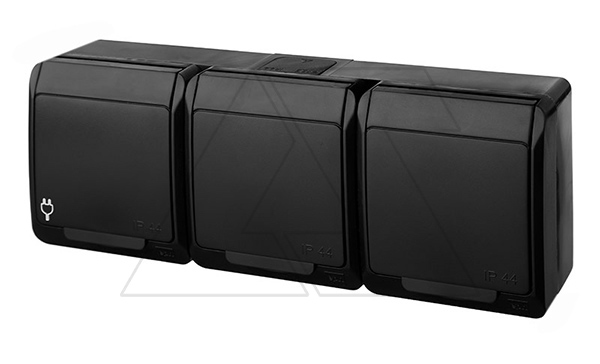HERMES - Розетка 3x2P+E, 16A/250V, с крышкой, IP44, черный