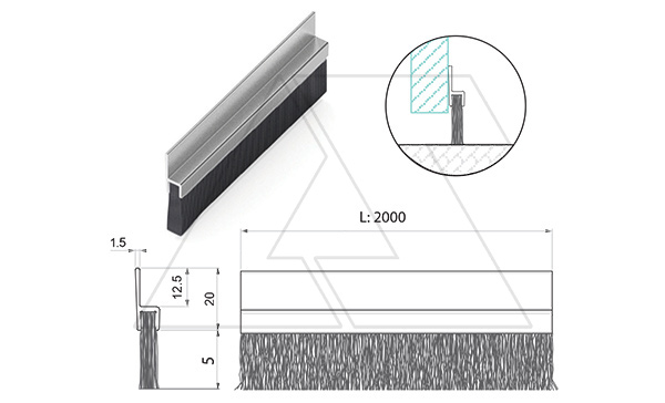 Щетка для кабельного ввода ENUX L=2000мм с алюминиевым основанием, ворс 50мм