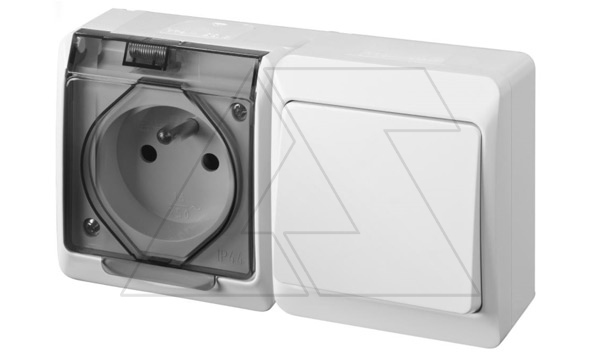 HERMES - Выключатель 10A/250V + Розетка 2P+E, 16A/250V, с прозрачной крышкой, IP44, белый